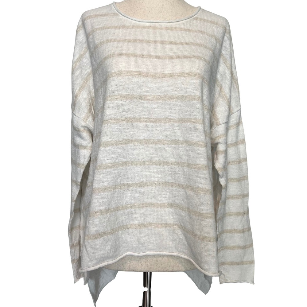 Eileen Fisher Women L Crewneck Sweater White Tan‎ Organic Linen Cotton Coastal
